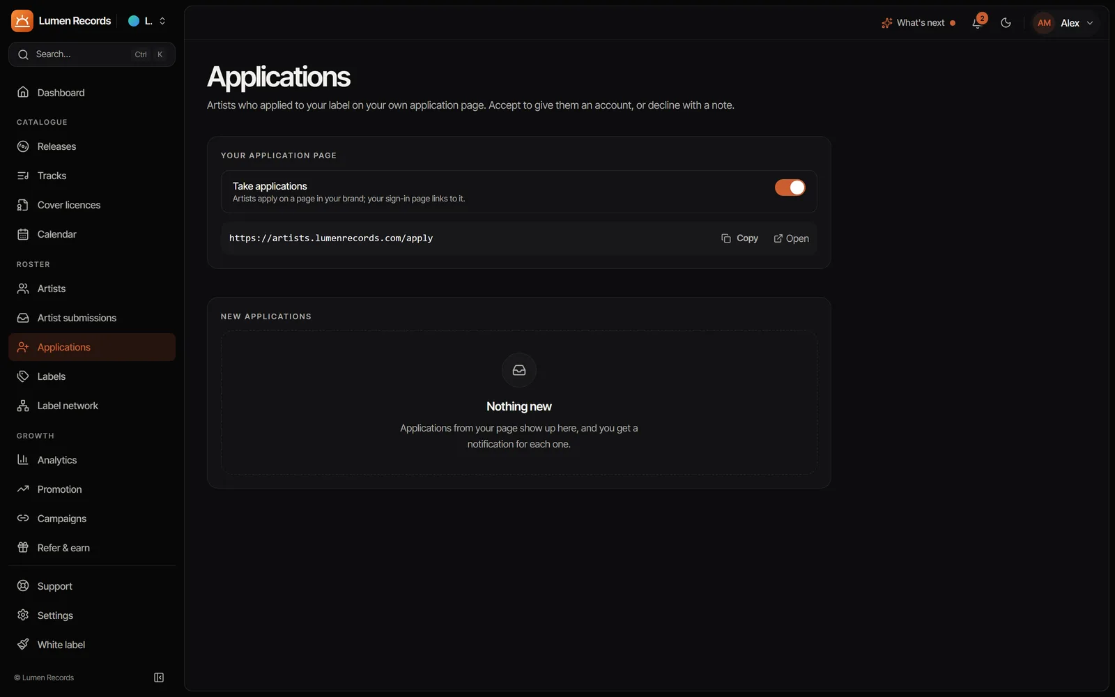 Applications: artists who applied on the label's own application page