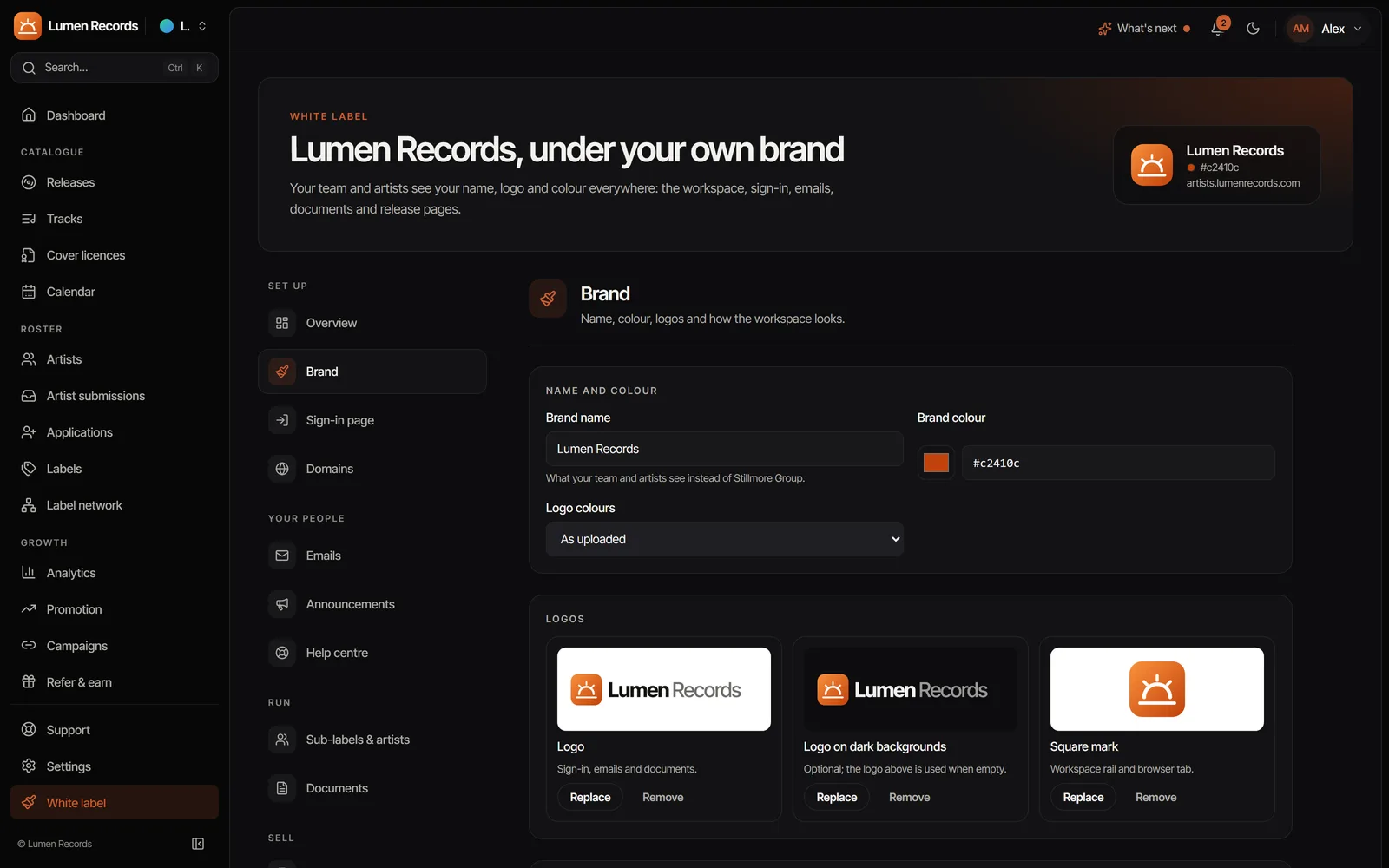 White label brand settings: name and colour, logos for light and dark backgrounds, square mark and a live preview