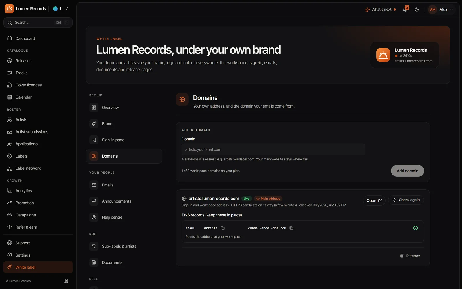 White label domains: artists.lumenrecords.com marked live, with its DNS record verified