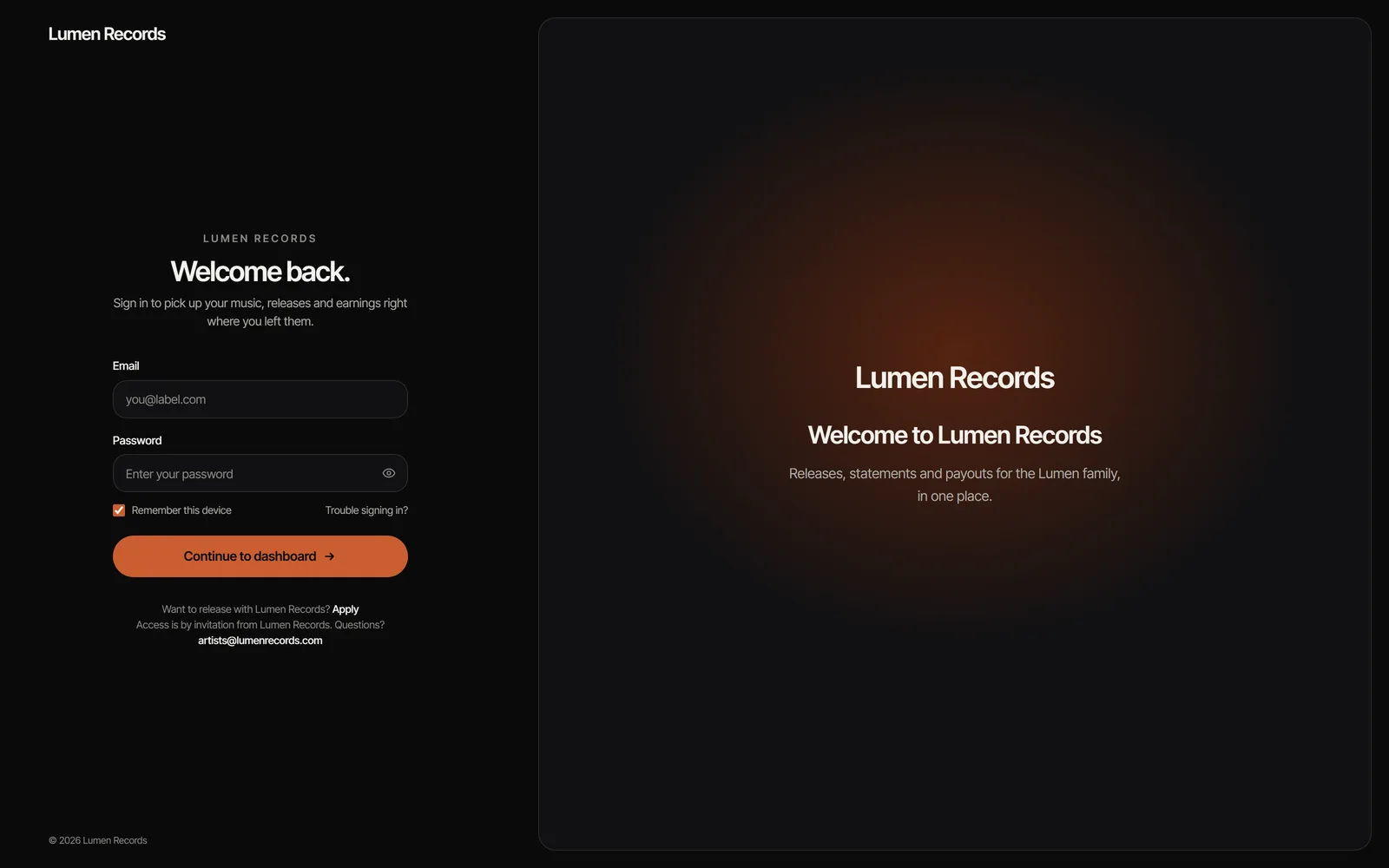 The Lumen Records sign-in page at its own address, with the label's name and welcome message