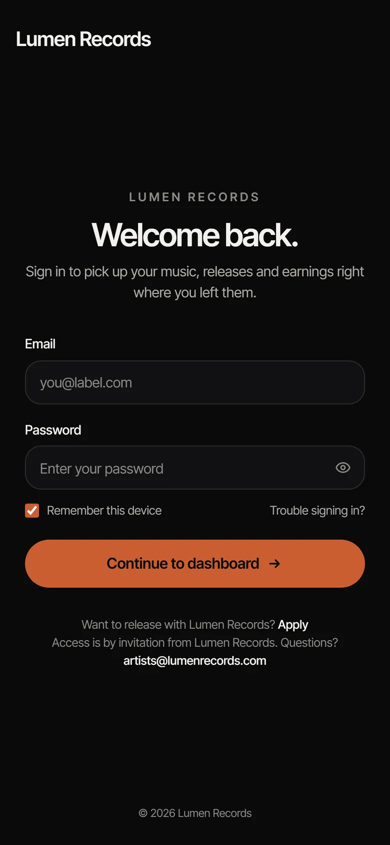 The Lumen Records sign-in page on a phone